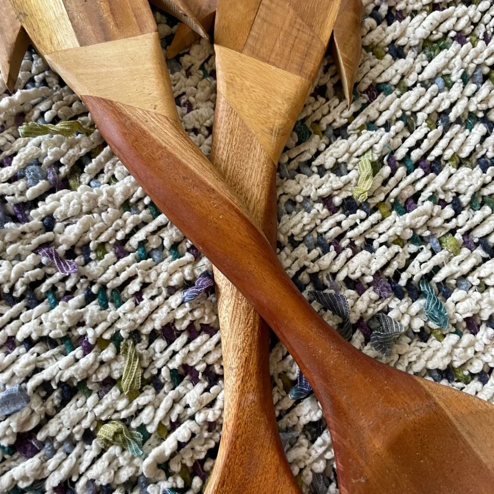 Artisan Crafted Wooden Fish Salad‎ Servers Spoon & Fork Set Unique Kitchen VTG